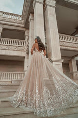 Stylish Sleeveless V-Neck Evening Party Dress Aline Backless Prom Dress with Lace Appliques-misshow.com