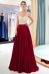 Looking for Prom Dresses,Evening Dresses in Stretch Satin, A-line style, and Gorgeous Beading,Crystal work  MISSHOW has all covered on this elegant Stylish V-neck Sleeveless Burgundy Crystal Beading A-line Evening Dress