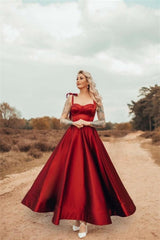 Sweetheart Ankle Length Red Straps A-line Prom Dress-misshow.com