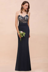 Sweetheart Floral Mermaid Bridesmaid Dress Sleeveless Navy Formal Party Dress-misshow.com