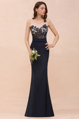 Sweetheart Floral Mermaid Bridesmaid Dress Sleeveless Navy Formal Party Dress-misshow.com