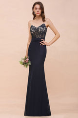 Sweetheart Floral Mermaid Bridesmaid Dress Sleeveless Navy Formal Party Dress-misshow.com