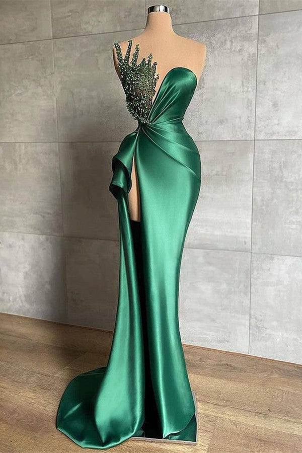 Sweetheart Green Long Mermaid Shiny Sleeveless Prom Dress With Beads-misshow.com