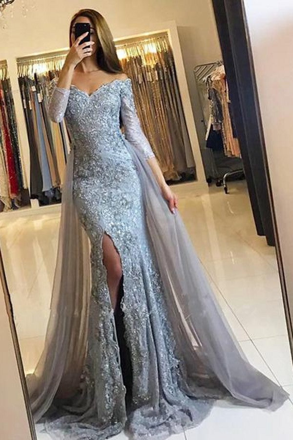 Sweetheart Lace-Appliques Front-Split Newest Long-Sleeve Mermaid Prom Dress-misshow.com