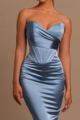 Sweetheart Long Mermaid Dusty Blue Satin Prom Dress-misshow.com