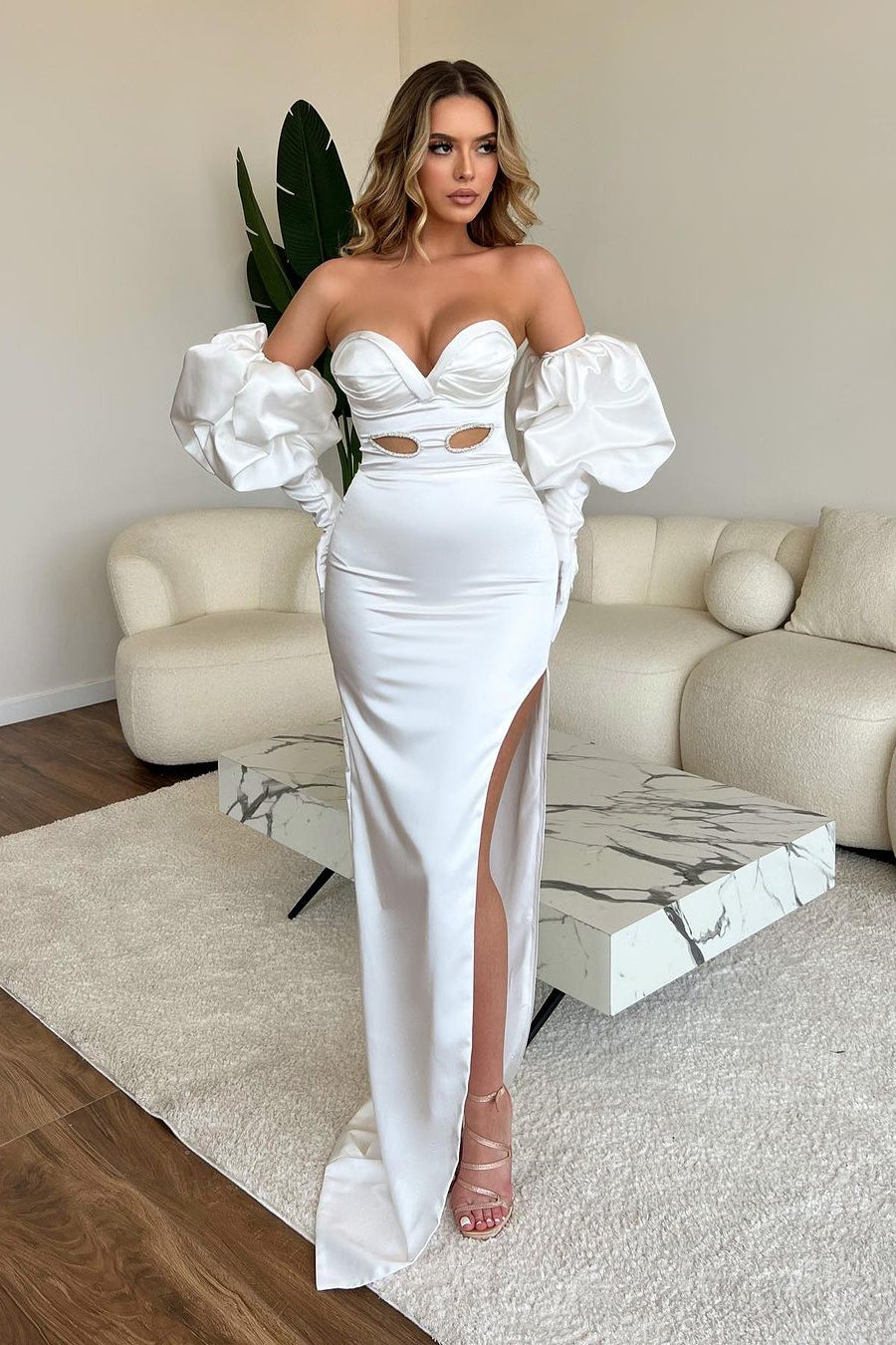 Sweetheart Long White Mermaid Split Front Sexy Prom Dress With Sleeves