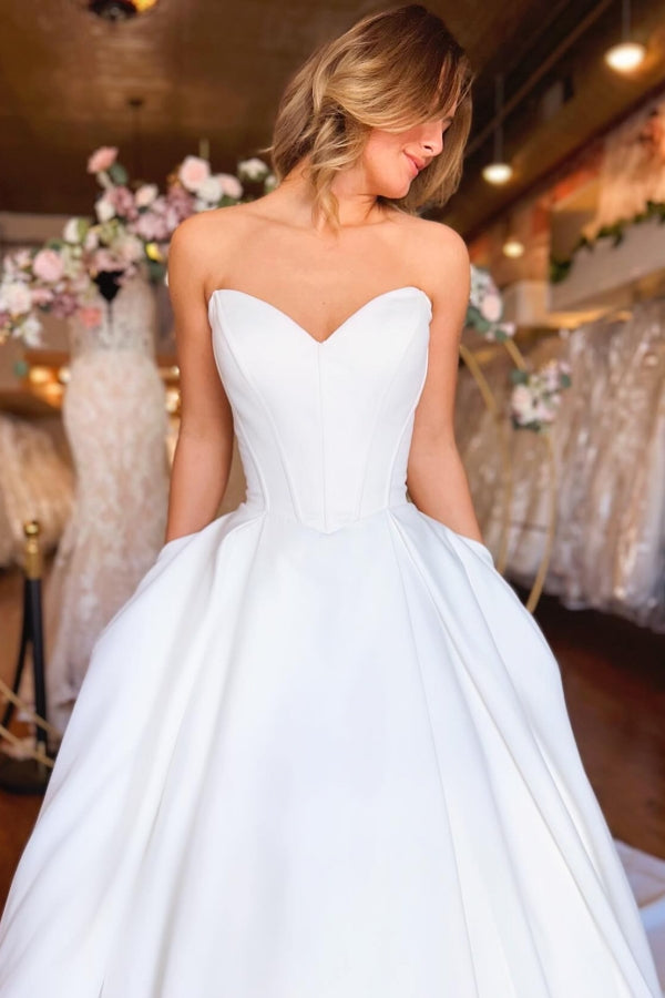 Sweetheart Long White Strapless A-line Satin Wedding Dress with Pockets