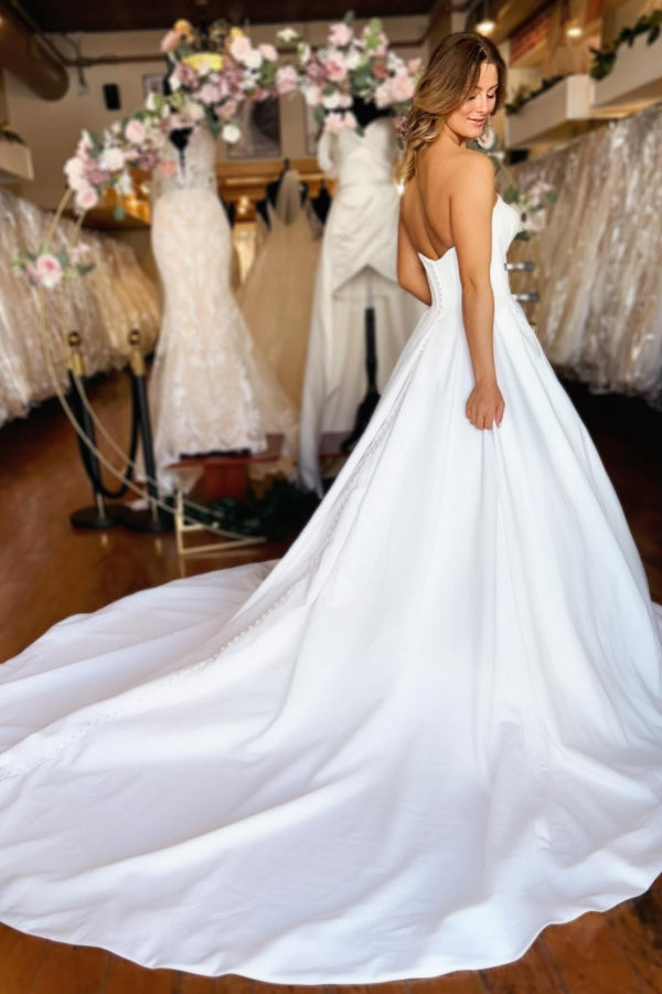 Sweetheart Long White Strapless A-line Satin Wedding Dress with Pockets