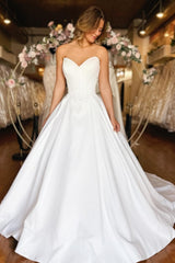 Sweetheart Long White Strapless A-line Satin Wedding Dress with Pockets