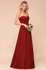 Sweetheart Red Bridesmaid Dress Chiffon Floor-Length Wedding Guest Dress backless-misshow.com