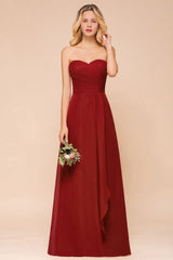 Sweetheart Red Bridesmaid Dress Chiffon Floor-Length Wedding Guest Dress backless-misshow.com