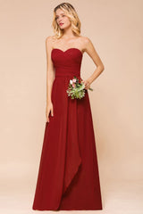 Sweetheart Red Bridesmaid Dress Chiffon Floor-Length Wedding Guest Dress backless-misshow.com