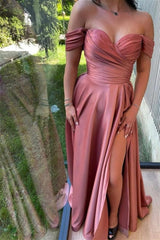 Sweetheart Simple Long Off-the-shoulder A-line Prom Dress With Slit-misshow.com