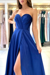 Sweetheart Simple Long Royal Blue Sleeveless Prom Dresses With Slit-misshow.com