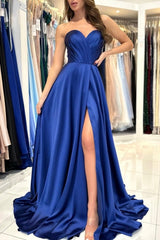 Sweetheart Simple Long Royal Blue Sleeveless Prom Dresses With Slit-misshow.com