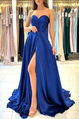 Sweetheart Simple Long Royal Blue Sleeveless Prom Dresses With Slit-misshow.com