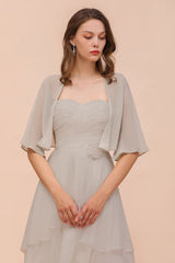 Sweetheart Sleeveless Mini Grey Bridesmaid Dress with Chiffon Wraps-misshow.com