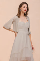 Sweetheart Sleeveless Mini Grey Bridesmaid Dress with Chiffon Wraps-misshow.com