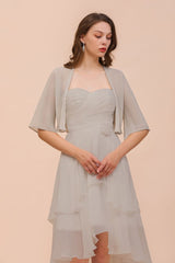 Sweetheart Sleeveless Mini Grey Bridesmaid Dress with Chiffon Wraps-misshow.com