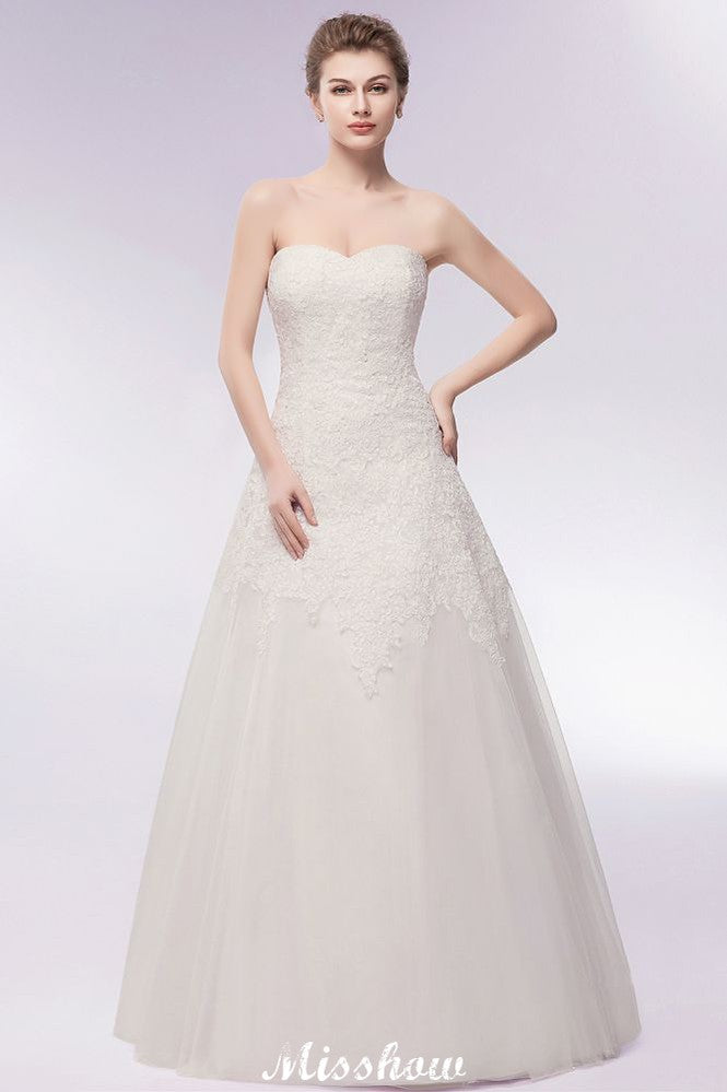 This beautiful Sweetheart Strapless A-line Long Lace Tulle Wedding Dresses will make your guests say wow. The Strapless,Sweetheart bodice is thoughtfully lined, and the Floor-length skirt with Lace to provide the airy, flatter look of Tulle,Lace.