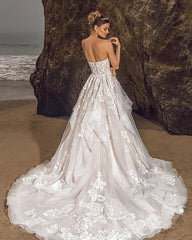 Sweetheart Tulle Floral Wedding Dress Sleeveless Aline Bridal Dress-misshow.com