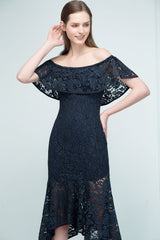 MISSHOW offers Tea Length Black Mermaid Off-shoulder Lace Prom Dresses at a cheap price from Dark Navy, Lace to Mermaid Mini hem. Stunning yet affordable Cap Sleeves Prom Dresses,Homecoming Dresses.