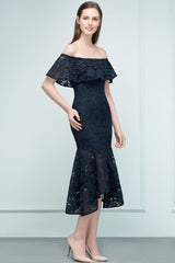 MISSHOW offers Tea Length Black Mermaid Off-shoulder Lace Prom Dresses at a cheap price from Dark Navy, Lace to Mermaid Mini hem. Stunning yet affordable Cap Sleeves Prom Dresses,Homecoming Dresses.