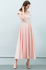 Looking for Prom Dresses in Stretch Satin, A-line style, and Gorgeous Ruffles work  MISSHOW has all covered on this elegant Tea Length Pink A-line Off-shoulder Prom Dresses with Sash.