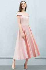 Looking for Prom Dresses in Stretch Satin, A-line style, and Gorgeous Ruffles work  MISSHOW has all covered on this elegant Tea Length Pink A-line Off-shoulder Prom Dresses with Sash.