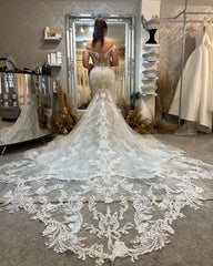 Trendy Floor Length Off-The-Shoulder Sleeveless Mermaid Lace Wedding Dress with Cathedral Train-misshow.com