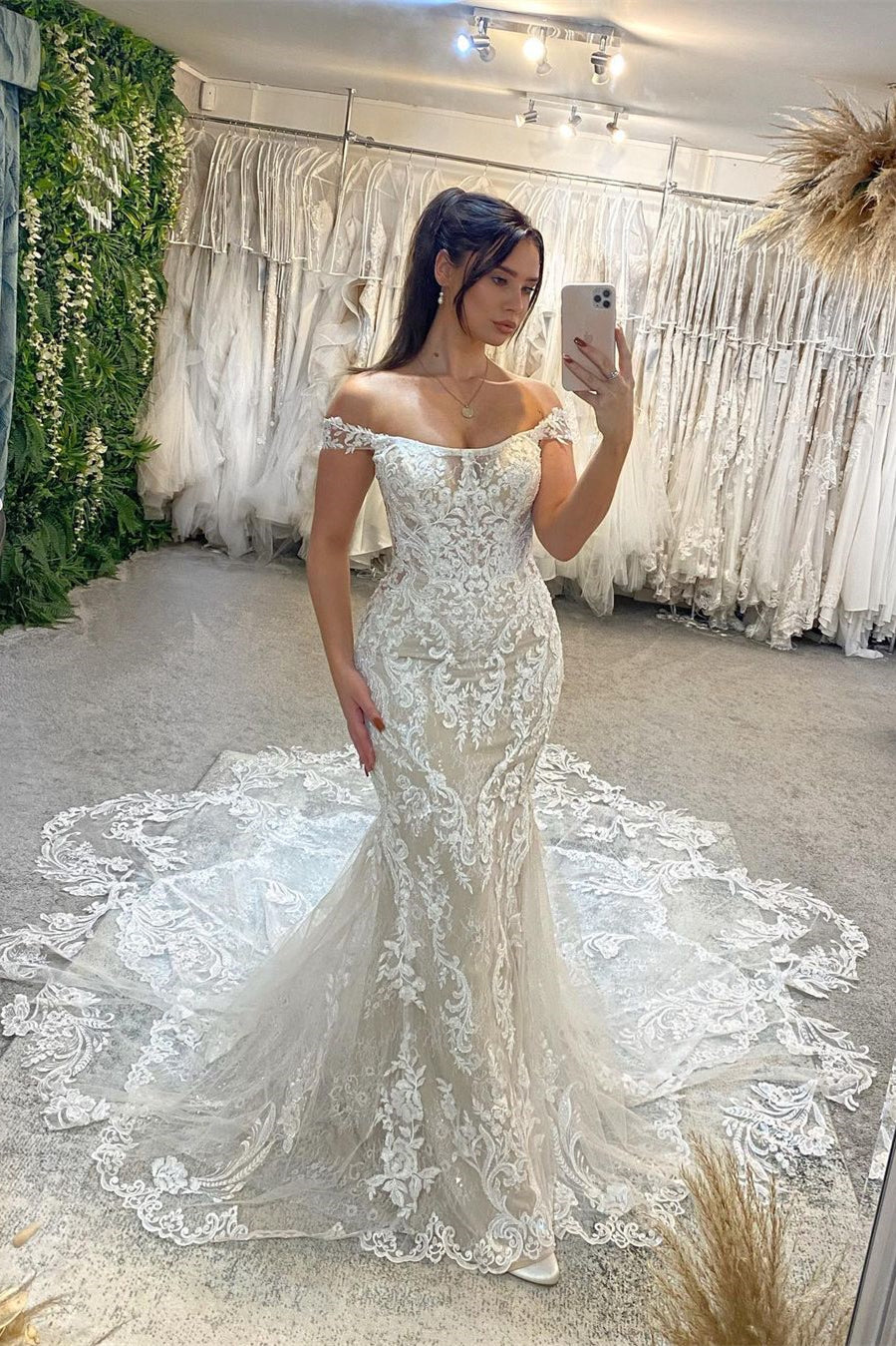 Trendy Floor Length Off-The-Shoulder Sleeveless Mermaid Lace Wedding Dress with Cathedral Train-misshow.com