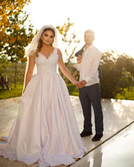 Trendy Floor Length Sweetheart Traps Sleeveless A-Line Satin Wedding Dress with Beads-misshow.com