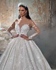 Trendy Floor Length V-Neck Long Sleeves A-Line Lace Wedding Dress with Appliques-misshow.com