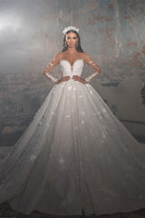 Trendy Floor Length V-Neck Long Sleeves A-Line Lace Wedding Dress with Appliques-misshow.com