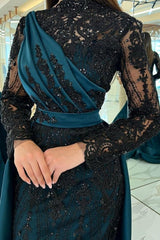 Turkish Mermaid High Neck Long Sleeves Evening Dresses With Black Lace-misshow.com