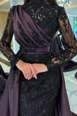 Turkish Mermaid High Neck Long Sleeves Evening Dresses With Black Lace-misshow.com