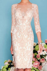 Two Piece Sheath / Column Mother of the Bride Dress Knee Length Chiffon Lace 3/4 Length Sleeve-misshow.com