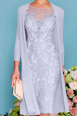 Two Piece Sheath / Column Mother of the Bride Dress Knee Length Chiffon Lace 3/4 Length Sleeve-misshow.com