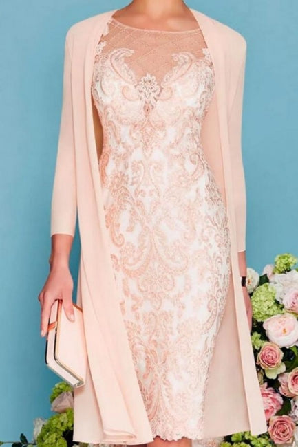 Two Piece Sheath / Column Mother of the Bride Dress Knee Length Chiffon Lace 3/4 Length Sleeve-misshow.com