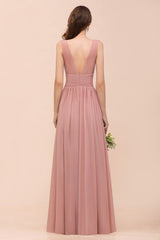 U-Neck High Waist Bridesmaid Dress Long Chiffon Formal Party Dress-misshow.com