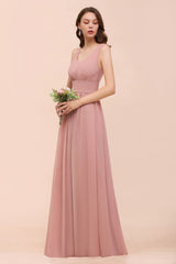 U-Neck High Waist Bridesmaid Dress Long Chiffon Formal Party Dress-misshow.com