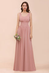 U-Neck High Waist Bridesmaid Dress Long Chiffon Formal Party Dress-misshow.com