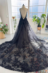 Unique black spaghetti straps sleeveless a-line lace sequined Wedding Dress-misshow.com