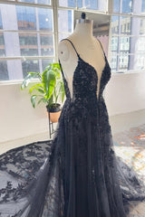 Unique black spaghetti straps sleeveless a-line lace sequined Wedding Dress-misshow.com