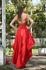 Unique Red Spaghetti Straps Sleeveless A-Line Prom Dresses with Lace-misshow.com