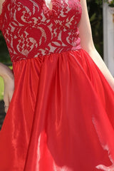 Unique Red Spaghetti Straps Sleeveless A-Line Prom Dresses with Lace-misshow.com