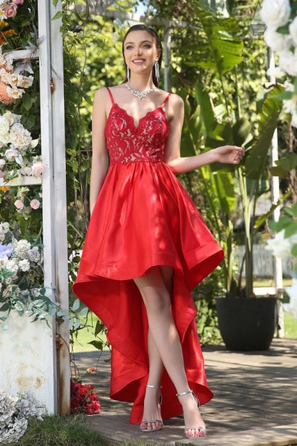 Unique Red Spaghetti Straps Sleeveless A-Line Prom Dresses with Lace-misshow.com