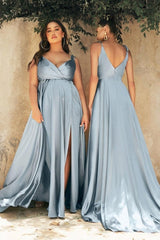 Unique Spaghetti Straps Sleeveless Column Floor-Length Elastic Woven Satin Prom Dresses with Ruffles-misshow.com