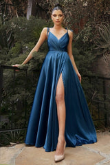 Unique Spaghetti Straps Sleeveless Column Floor-Length Elastic Woven Satin Prom Dresses with Ruffles-misshow.com