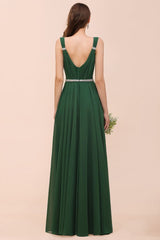 V-Neck A-line Dark Green Bridesmaid Dress Rhinestone Waist Belt-misshow.com